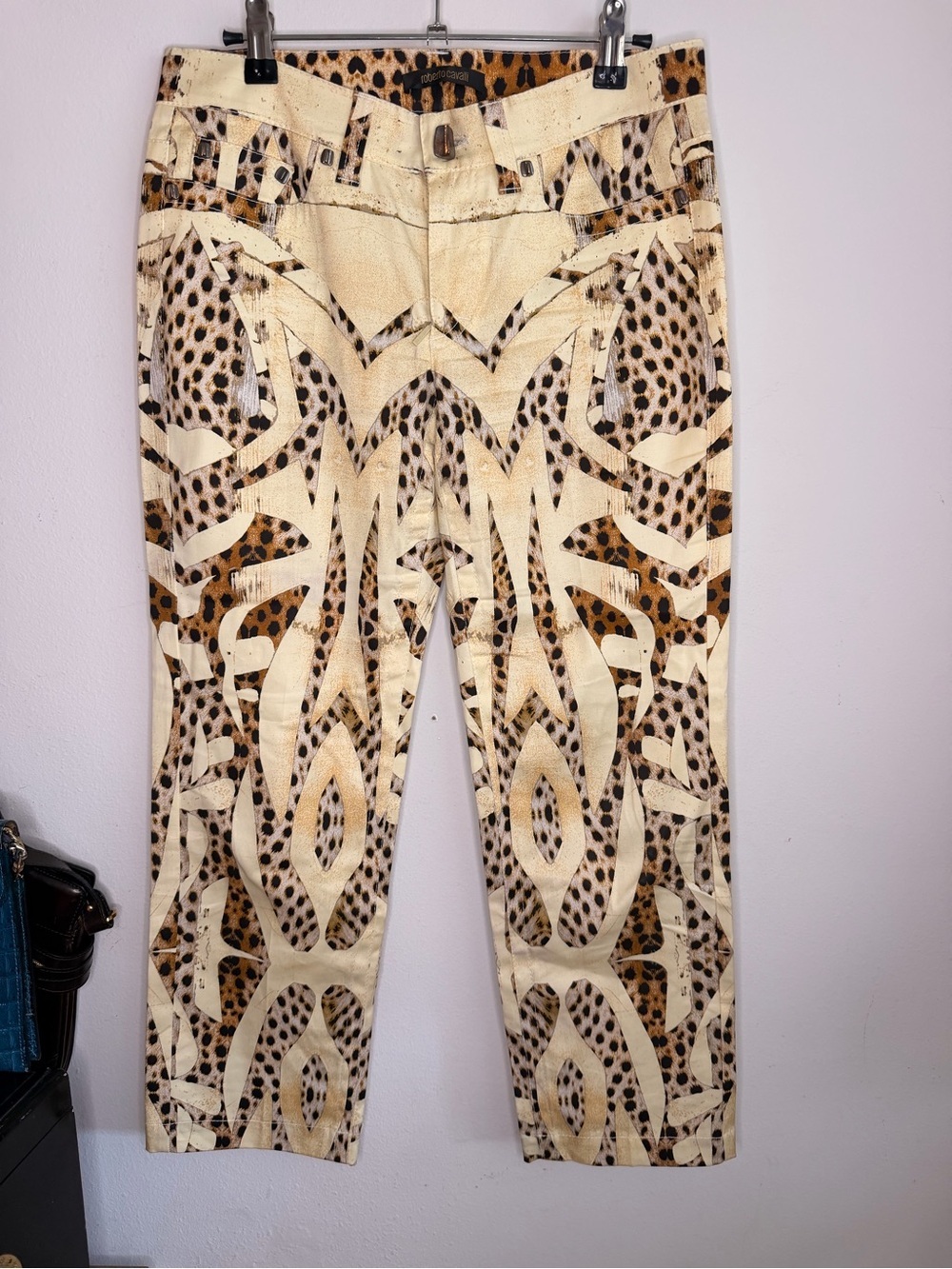 Roberto Cavalli Cream and Brown Leopard-Accent High-Waist Pants